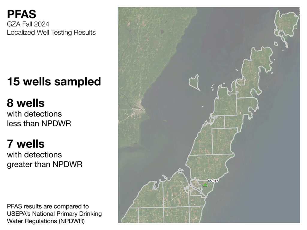 GZA’s fall 2024 PFAS well testing results. Data and mapping provided by GZA GeoEnvironmental. Graphic by Taylor Schultz.